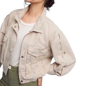 Anthropologie HEI HEI Cropped Camo Linen Blend Bomber Jacket Cream - S